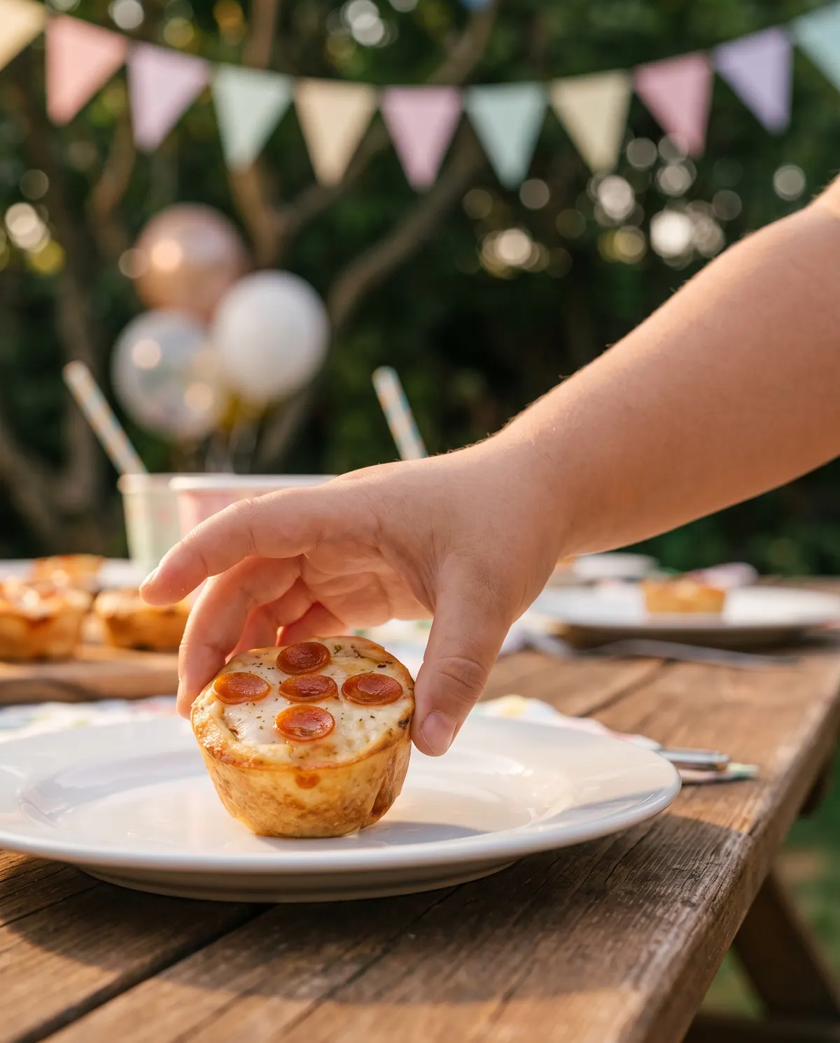 A child's hand reaching for an Italian Pizza Muffin at a garden birthday party