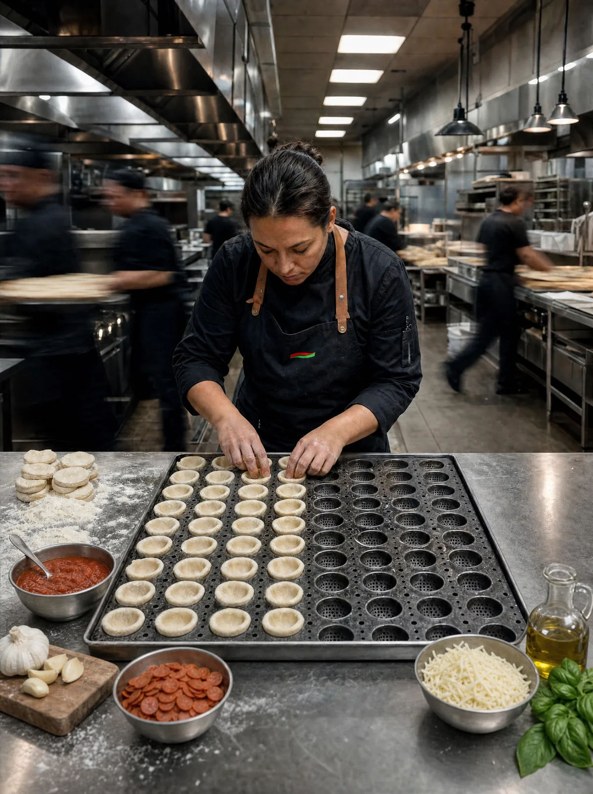 An Italian Muffins chef pressing dough into an industrial tray while the kitchen team works behind her