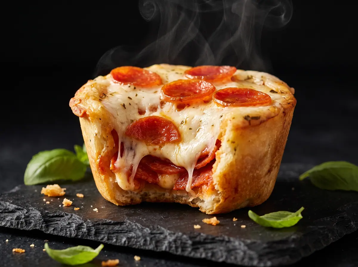 An Italian Pizza Muffin with a bite taken, steam rising from the melted mozzarella and pepperoni inside
