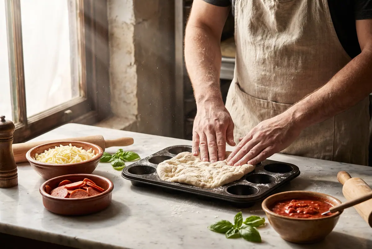 Dough pressed into the muffin tin by hand