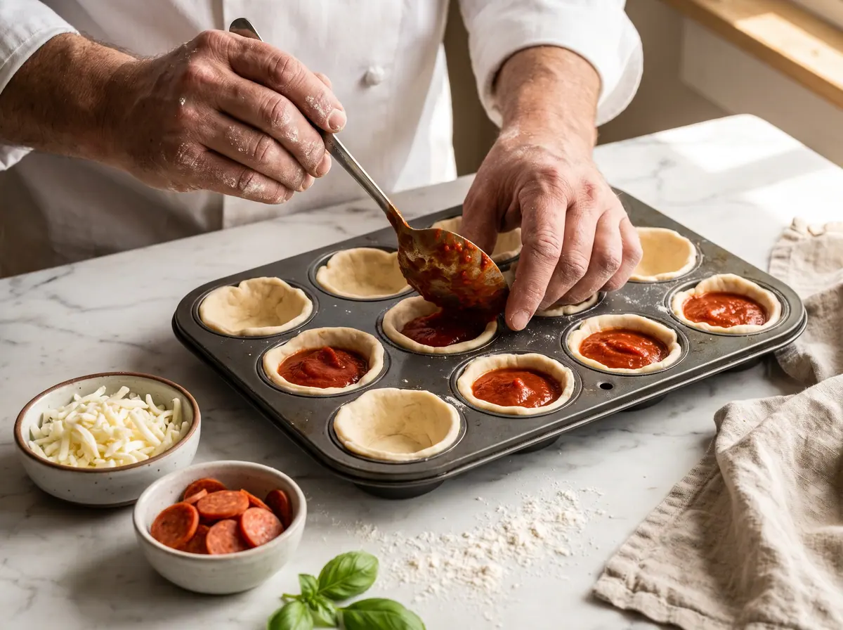 Marinara spooned onto dough cups by hand