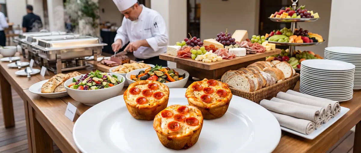 Italian Pizza Muffins plated alongside an event buffet