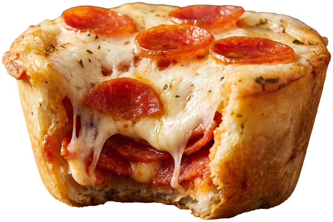 An Italian Pizza Muffin with a bite taken out, showing the pepperoni and melted mozzarella inside