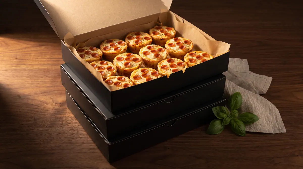 A stack of Italian Pizza Muffin boxes ready for delivery