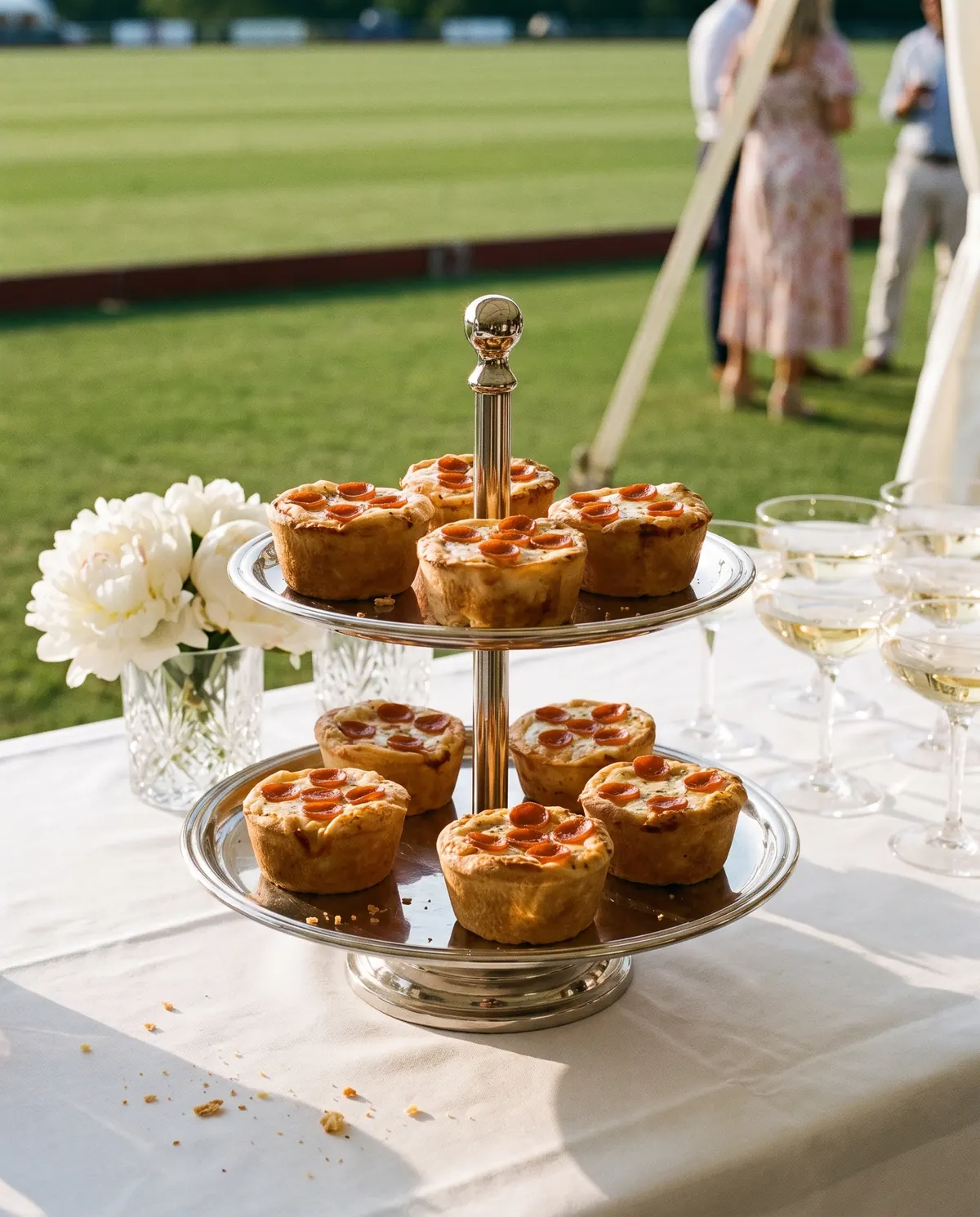 Italian Pizza Muffins on a silver tiered stand beside the polo field, champagne coupes and white peonies alongside