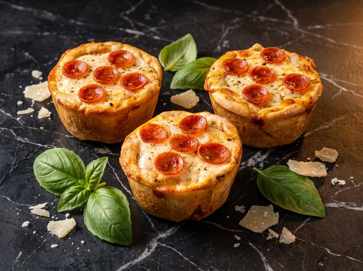 Three Italian Pizza Muffins on dark marble