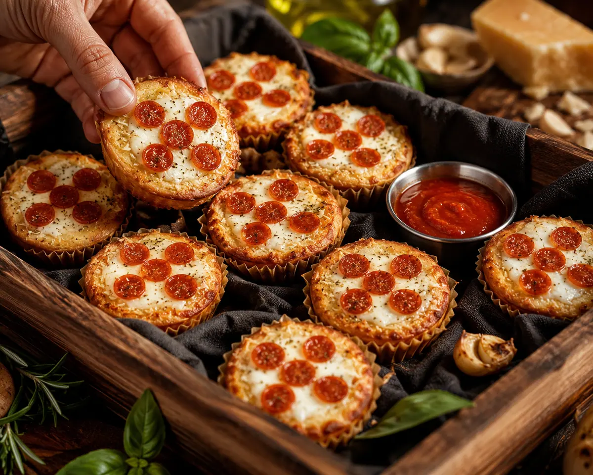 Italian Pizza Muffins on a wooden tray